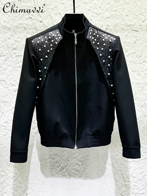 

Heavy Rhinestone Beaded Design Patchwork Short Zipper Jacket Men's Fashionable Personality Stylish Stand Collar Coat Top