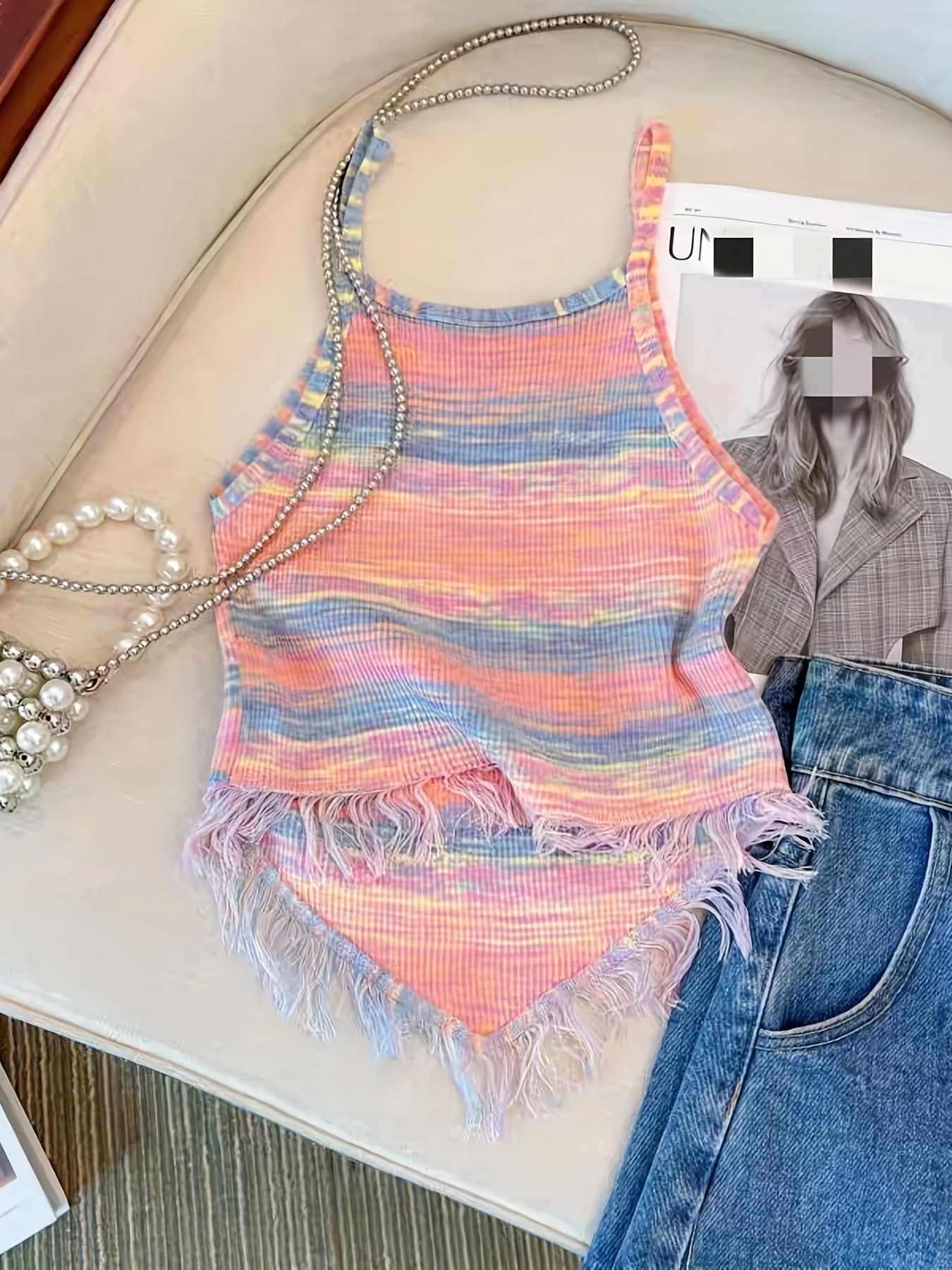 2024 Summer Tie Dye Tassel Spaghetti Strap Top Cute Hanky Hem Sleeveless Cami Top For Summer  Women\'s Clothing Crop Top Pink