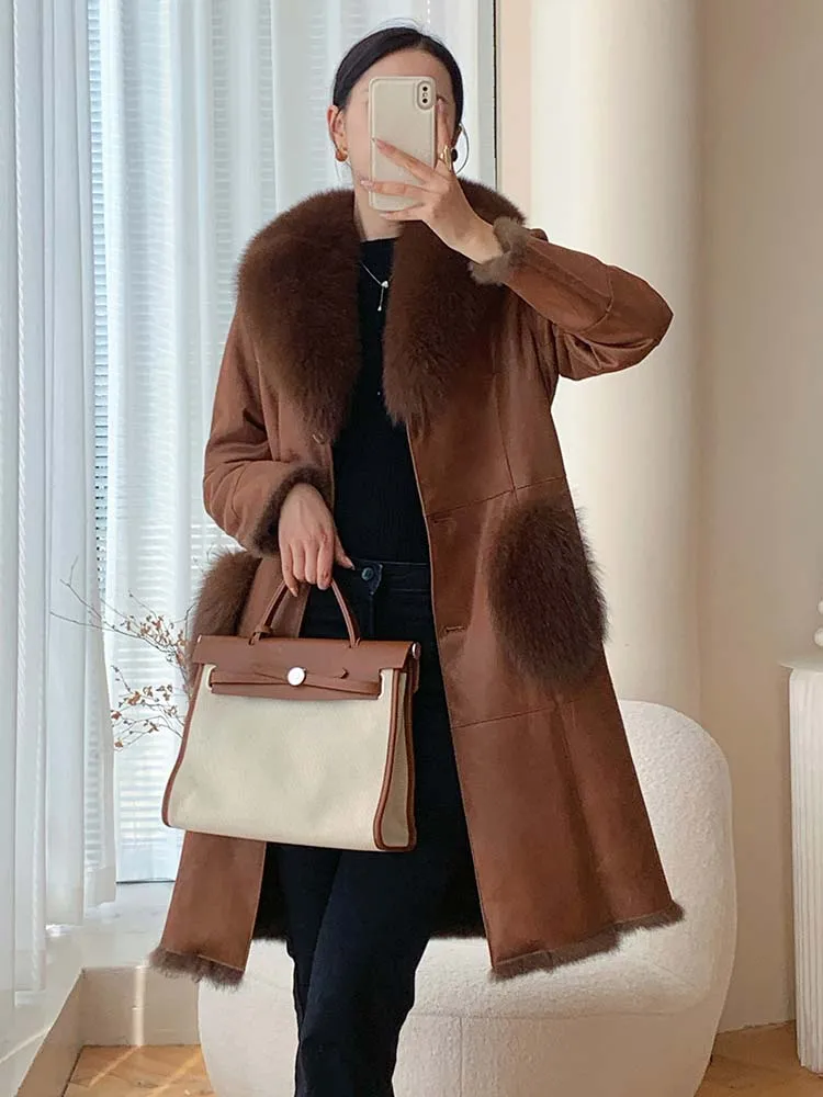 Women Winter Luxury Fox Fur Collar Down Coat Elegant Slim Real Leather Sheepskin Overcoat Thick Warm Office Lady Long Jacket