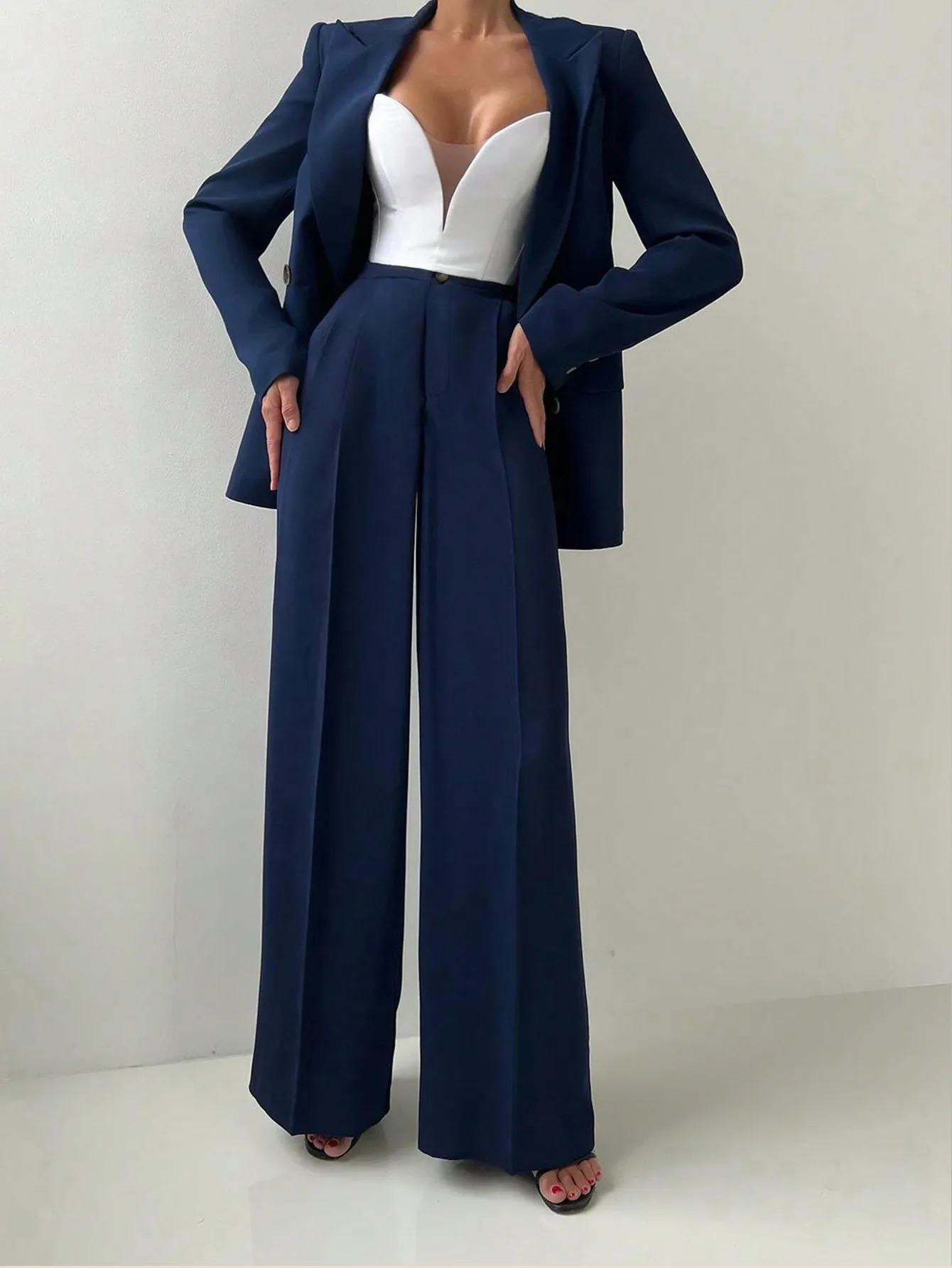 Women's Navy Blue Blazer & Wide Leg Pants Set, Elegant Office to Evening Wear