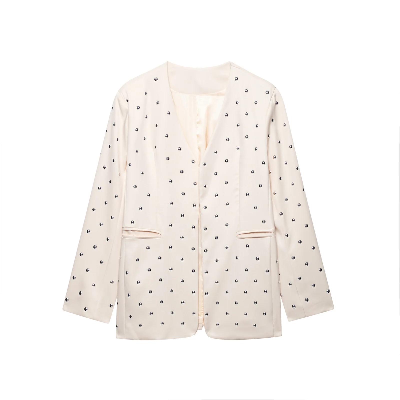 

PB&ZA2025 Summer New Women's Suit Long Sleeve Fashion Casual Comfortable Loose Rivet Dress Coat Jacket V-neck