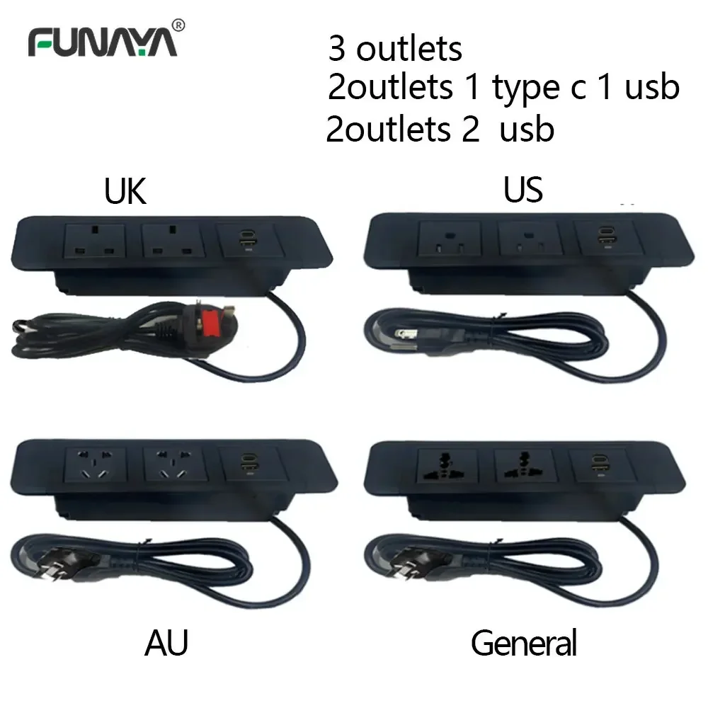 Stół ukryty gniazda zasilania EU/UK/US/AU 3 Outlet 2 USB wbudowany stolik nocny zasilający biura na biurko rzędu 10A 110V 220V czarne gniazdo