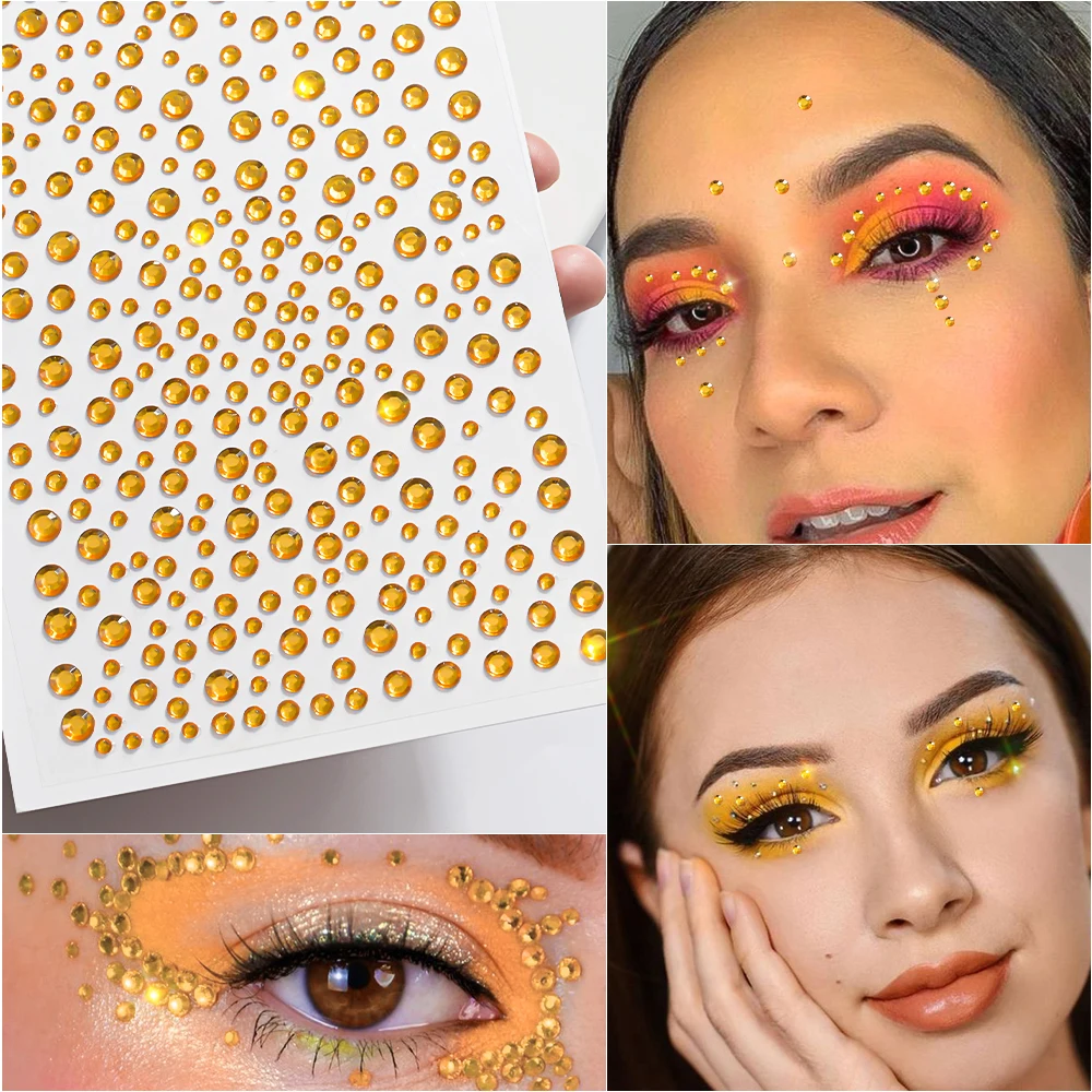 1pcs Glam Golden Orange Diamond Stickers Sparkling 3D Jewelry Pearls Sticker Eye Face Gem Decor DIY EyeMakeup for Music Festival