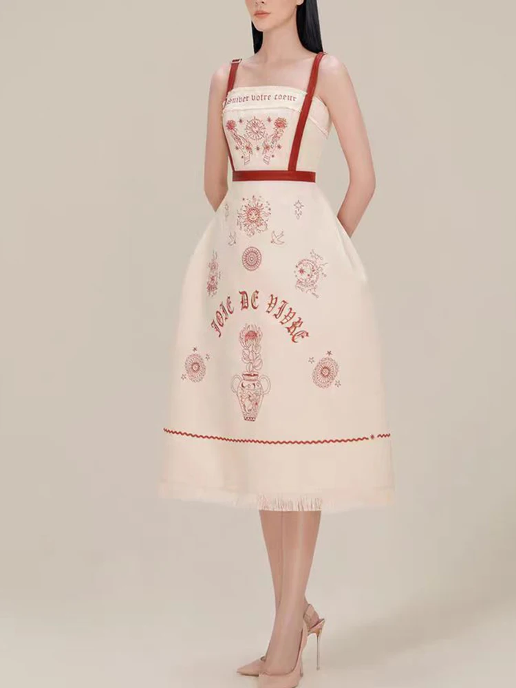 [oein] Vietnamese Niche Designer Sun God Embroidery Waist Cinching Dress 2024 Autumn Summer