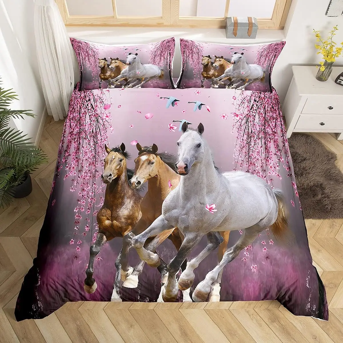 Boys Horse Duvet Cover Set Cherry Blossom Branches Steed Bedding Set for Girls Teens Wild Animal Galloping Horse Comforter Cover