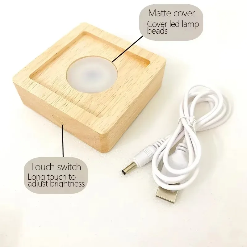 Wood Lamp Base, Night Light, Square USB Rechargeable LED for Crystal Stone Ornament Bedroom Nightstand Living Room Decor Gift
