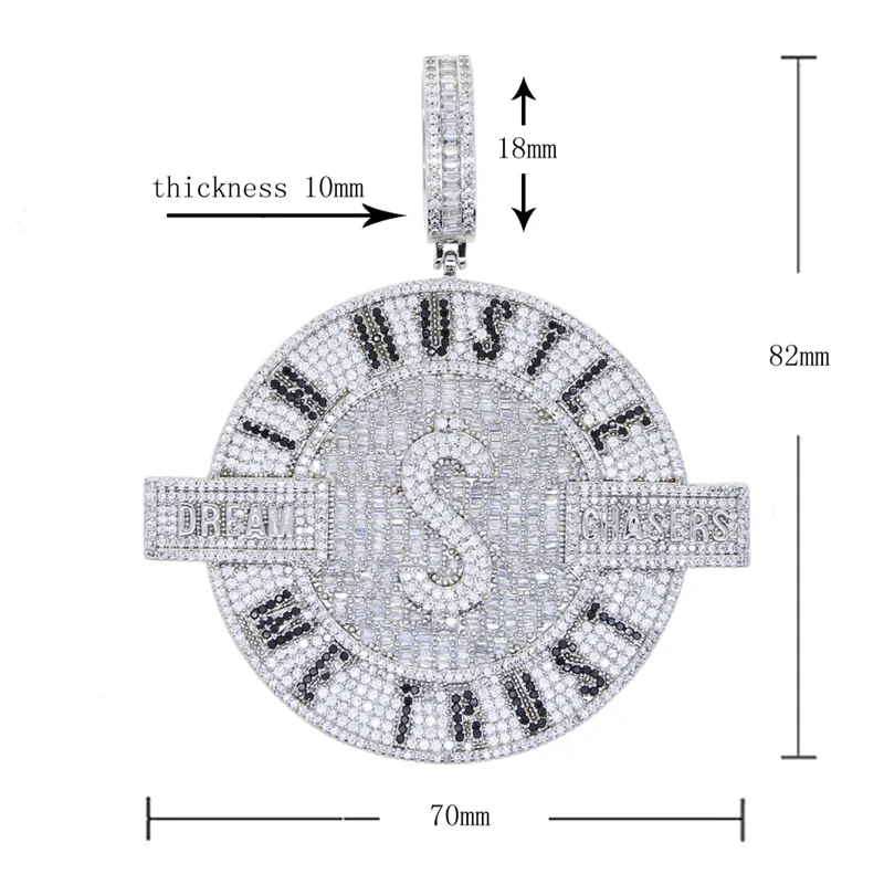 New Iced Out Letter Hustle Pendant Necklace for Men Women  Bling Cubic Zirconia Gold Color Dream Chasers Charm Hip Hop Jewelry