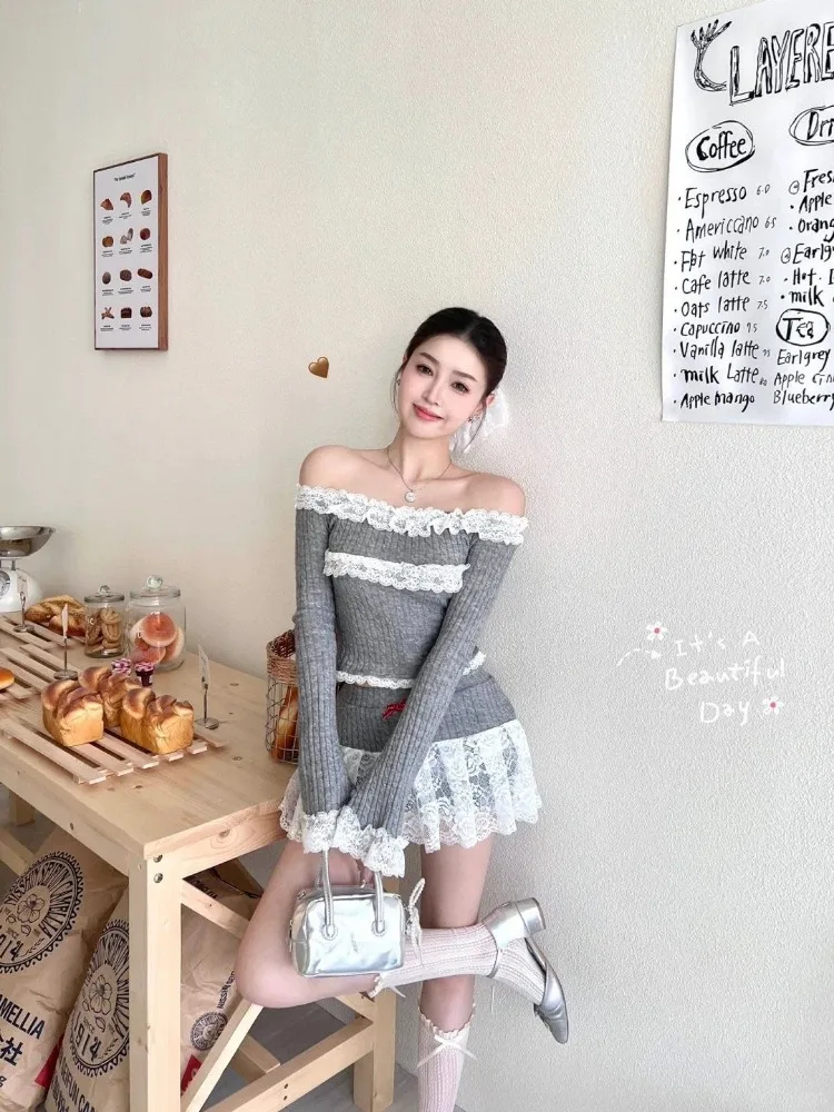 Süße zweiteilige Sets Damen Outfit Rock Sets Spitze Patchwork Off-the-Shoulder Langarm Top Minirock Sexy Streetwear Trendy