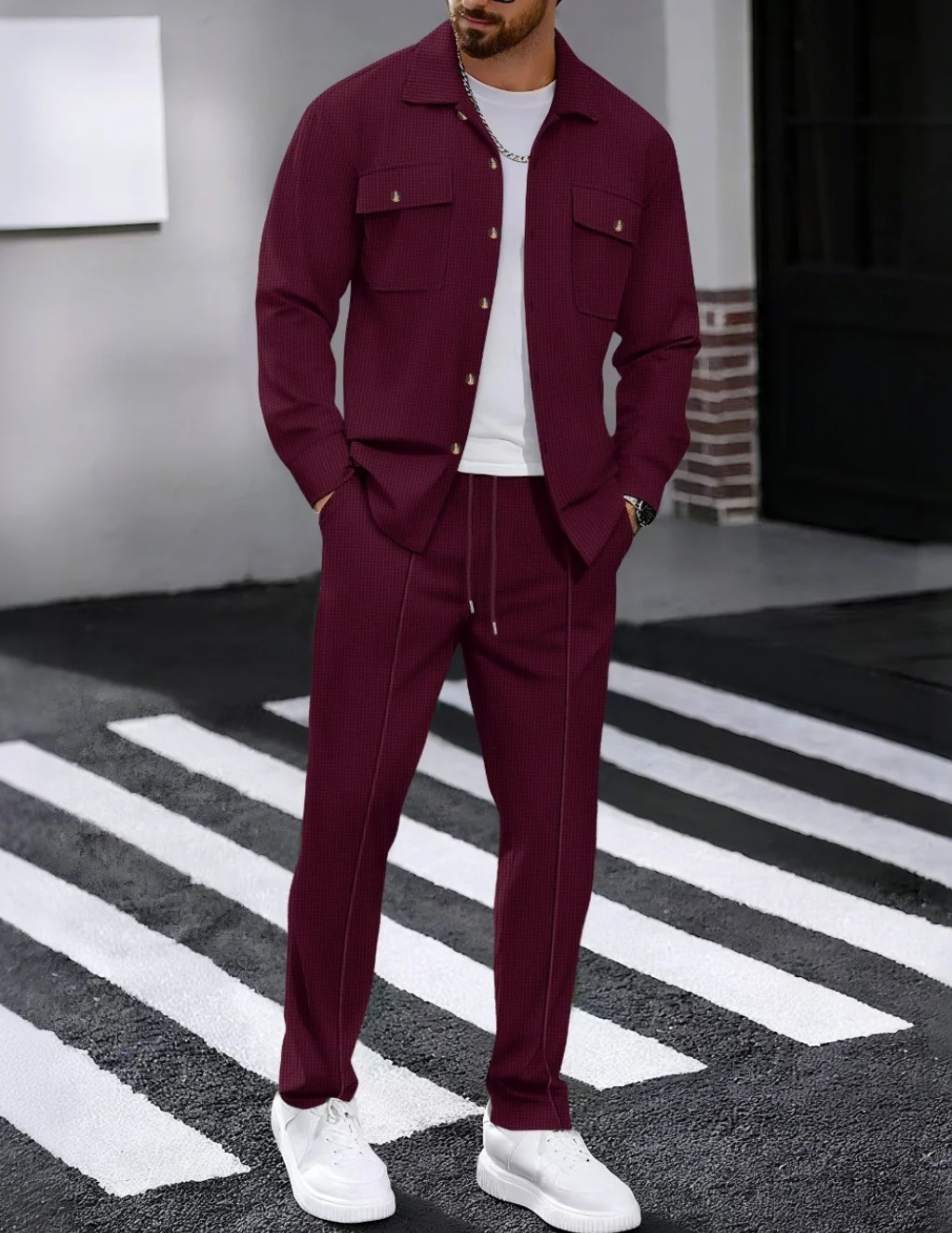 Ensemble deux pièces pantalon gaufré à manches longues, couleur unie, double poche, cardigan boutonné, chemise, nouvelle collection automne