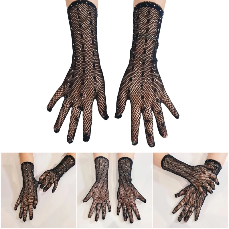 

Elastic Fishnet Gloves Sparkling Rhinestones Accents Soft Polyester Fabric Halloween Glove for Nightclubs and Stage Shows