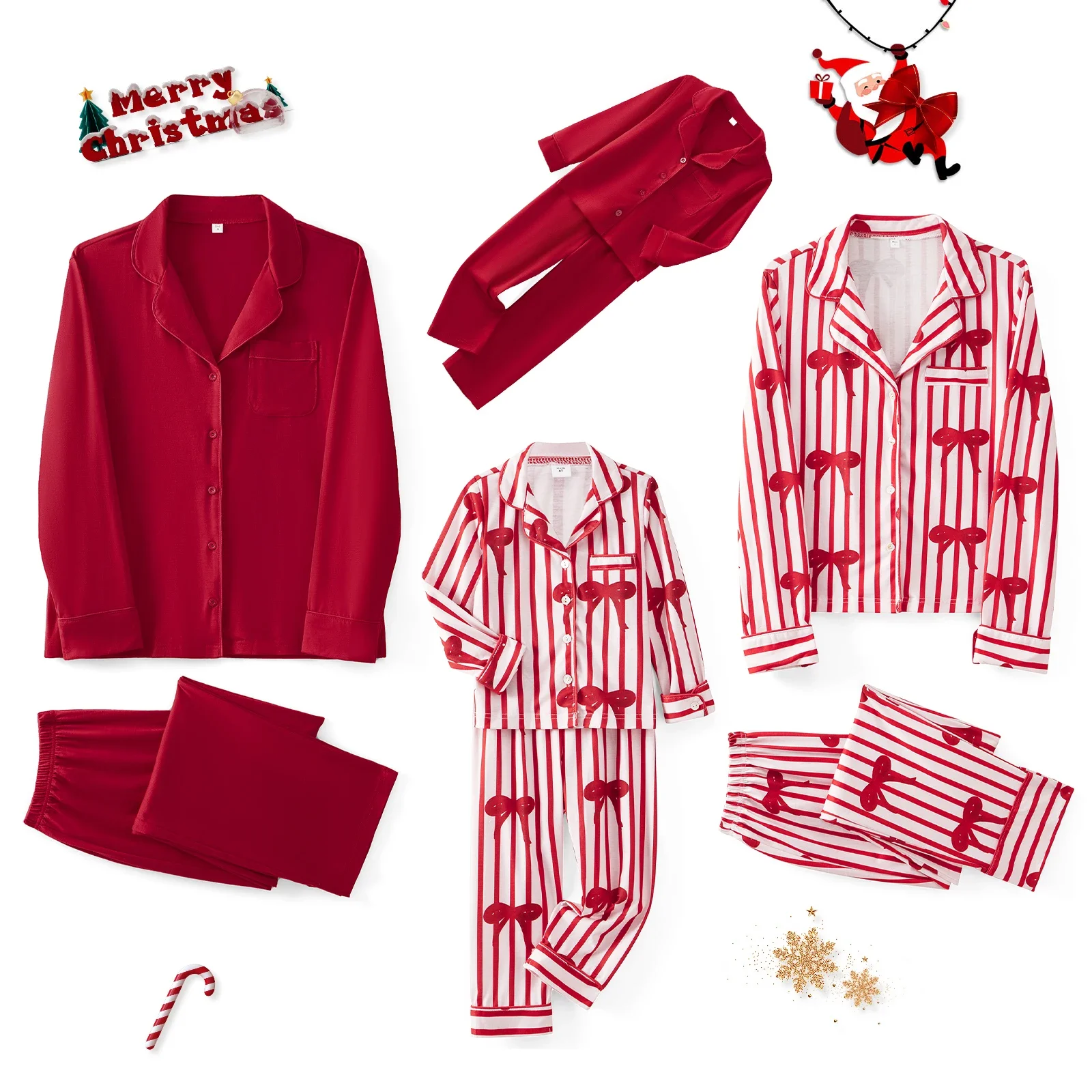 hirigin Christmas Family Pajamas Matching Sets Button Down Satin Silk Pajamas Stripe Bow Holiday Festival Sleepwear