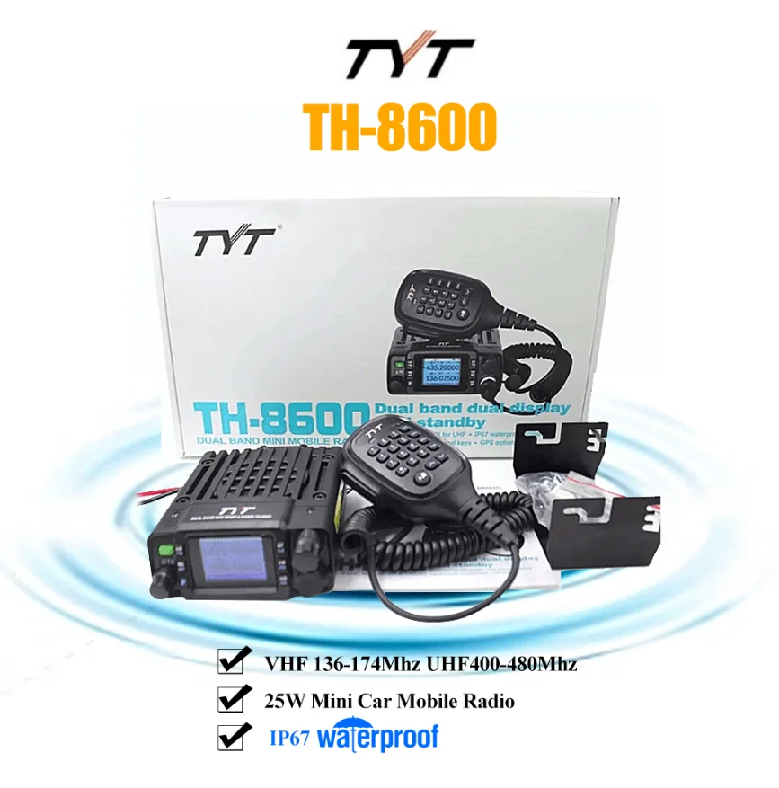 

TYT TH-8600 IP67 Waterproof Dual Band Mini Car Mobile Radio 25W Powful VHF 136-174Mhz UHF400-480Mhz Car Mobile Walkie Talkie