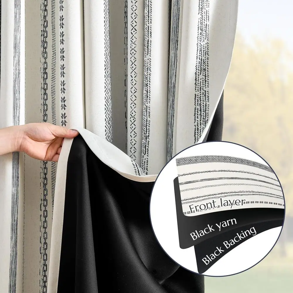 ผ้าม่านกันแสงแบบโบโฮ 90 ผืน พร้อมลายเรขาคณิตสีเบจสำหรับห้องนอน ชุด 2 แผง