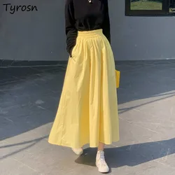 Yellow Skirts Women A-line Ankle-length Sweet Korean Fashion Elastic High Waist Pleated Casual Elegant Solid Simple All-match