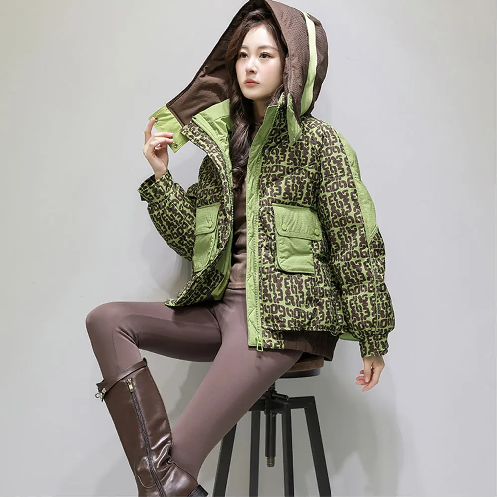 手紙プリントダウンジャケット 2025 冬の上着新韓国ファッションコントラストフード付きパーカー女性厚みのルーズホワイトダックコート