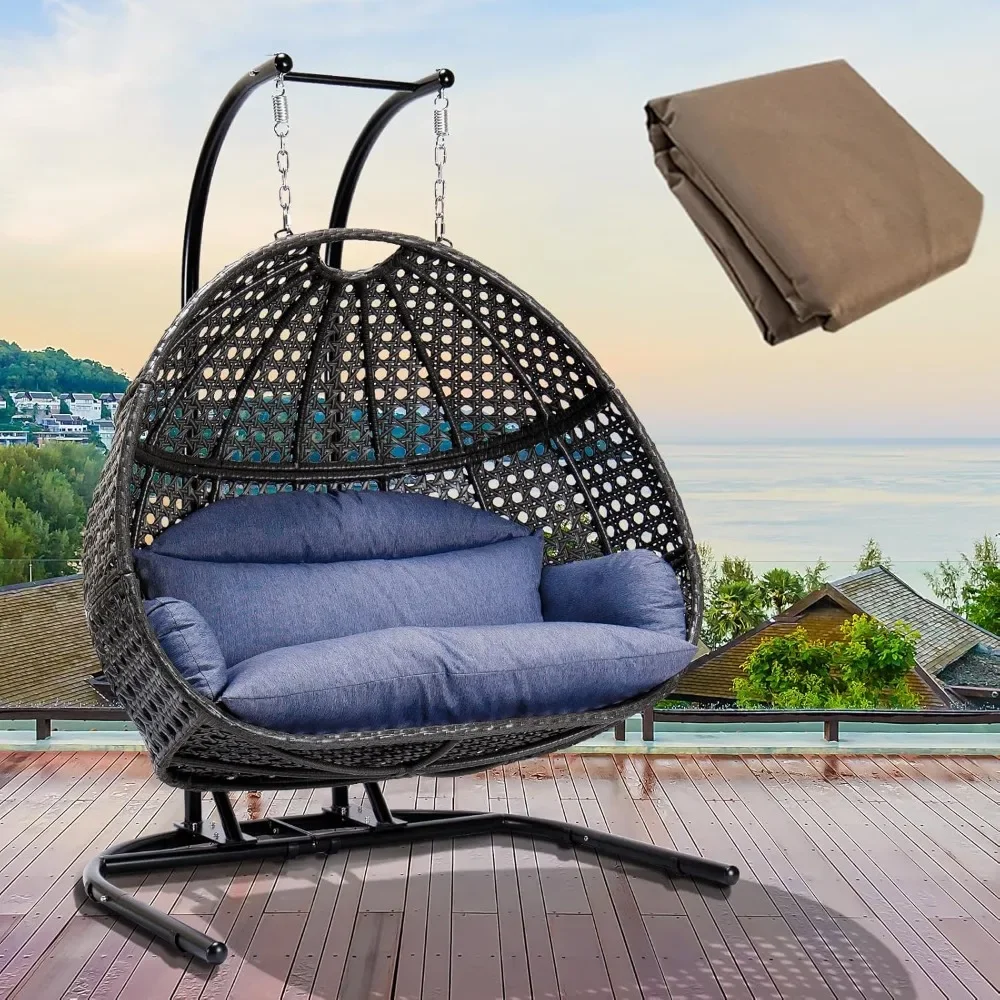 Double Egg Chair with Stand, Foldable 2 Person Hanging Swing Chair with Waterproof Cover and Cushion