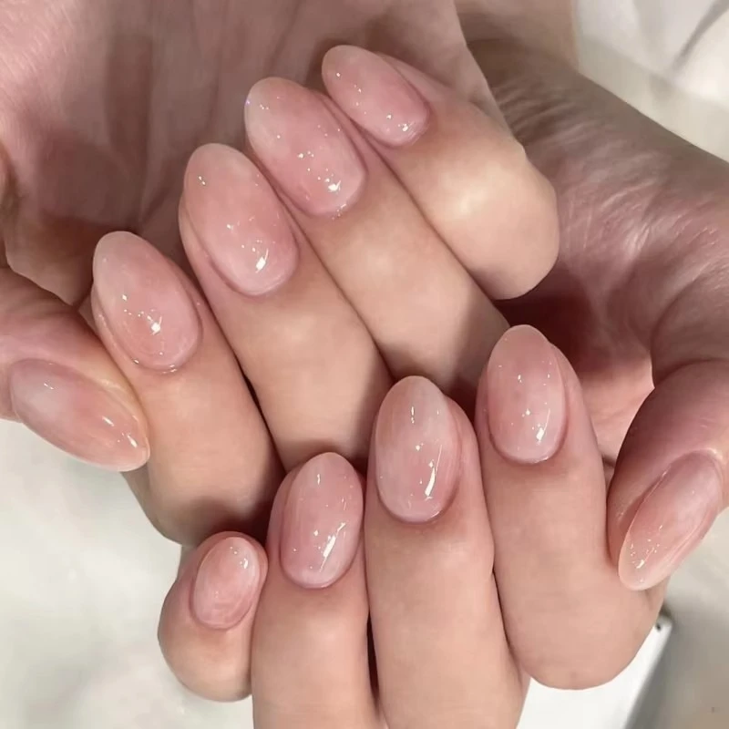 Halo Dyeing Pink Short Round False Nails Art Glitter Powder Charms Cat Eye Long Pointed Fake Nails Almond Ballet Press on Nails