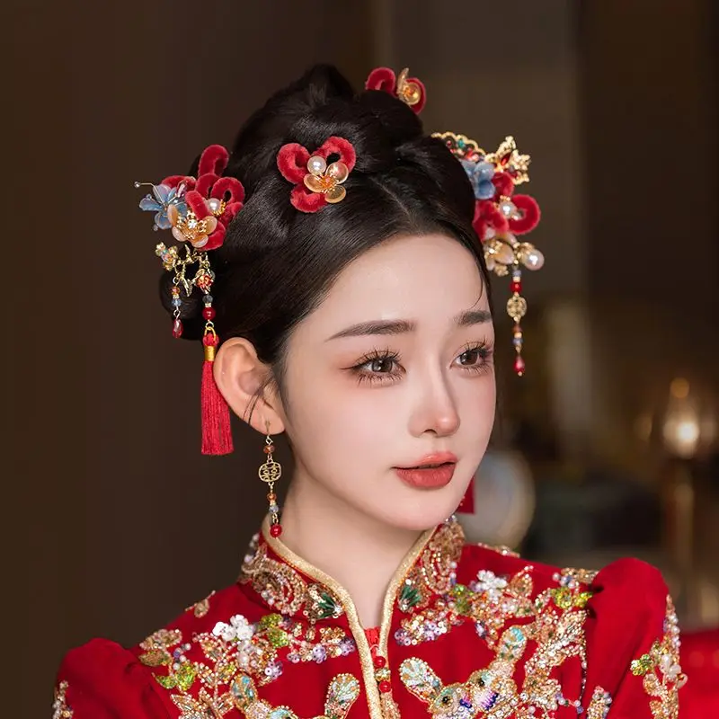 Xiuhe Headwear Chinese Bride Headwear Xiuhe Clothing Dragon and Phoenix Jacket Cashmere Flower Hairpin High-grade Wedding