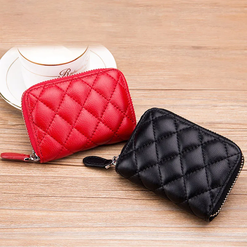 

New Women Zipper Card Holder Genuine Leather Sheepskin Organ Credit Cards Bag for Male Lady Small Card Wallets Coin Purse