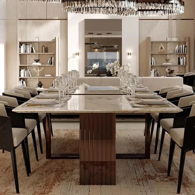 #Modern Furniture Dining Room With 8 Chairs Marble Top Dining Table With Gold Stainless Steel Base Dining Table