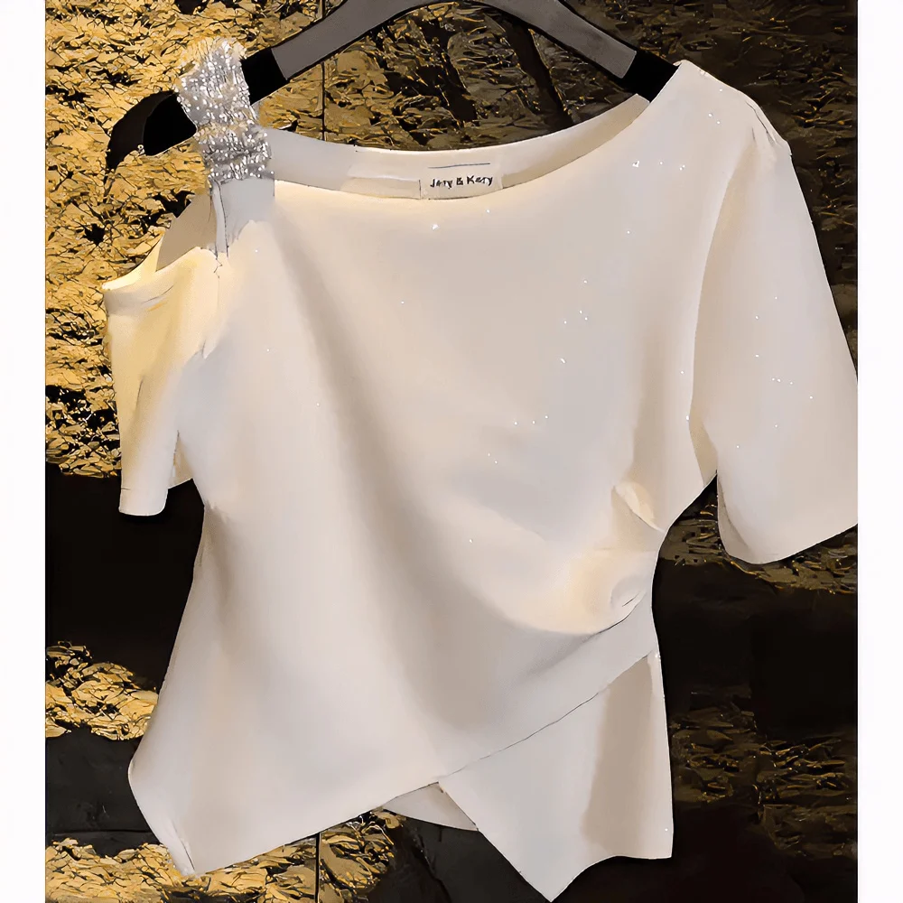 

French Hollow Off-shoulder Short-sleeved T-shirt for Women in Summer New Style and Versatile Irregular Waist Top