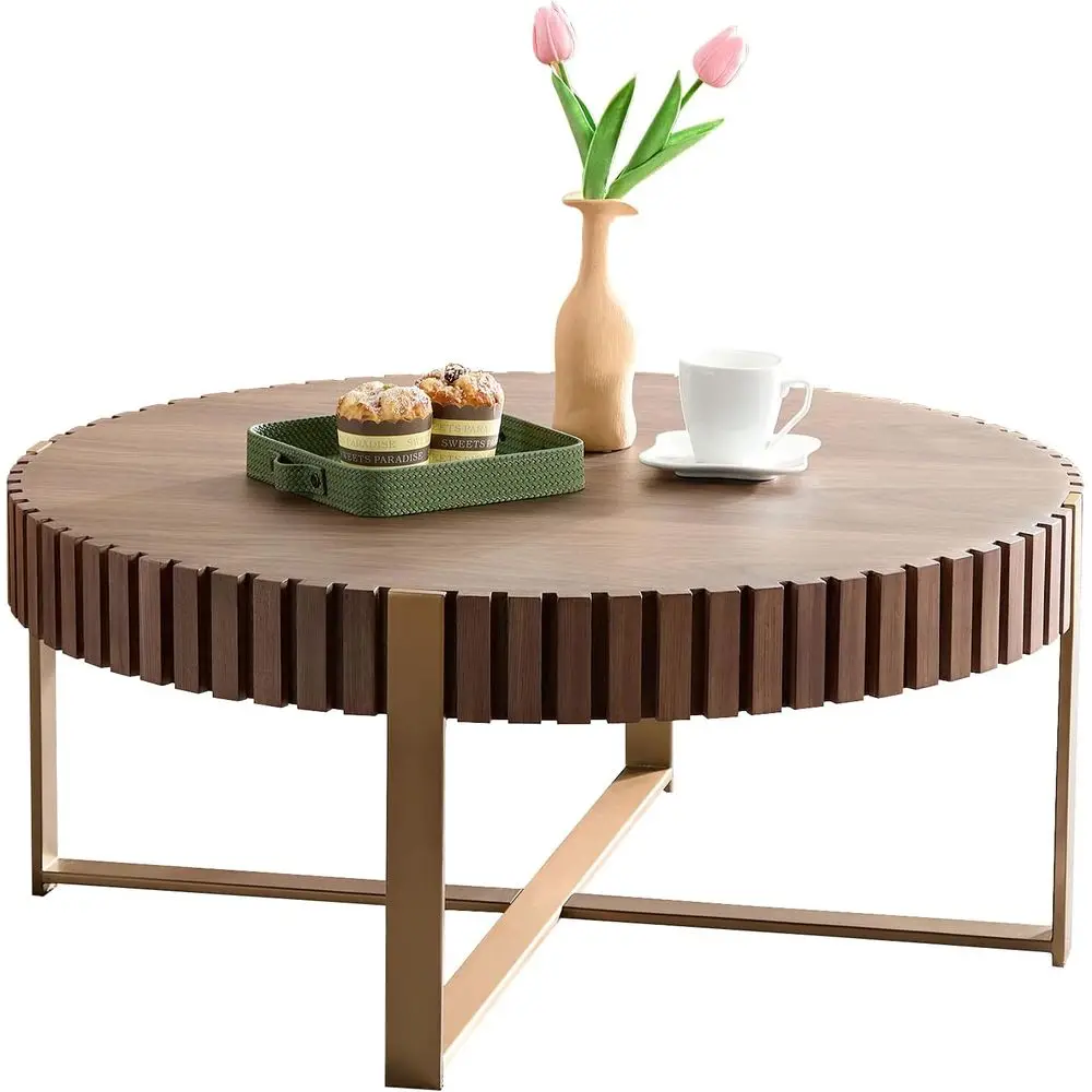 

Круглый кофейный столик из орехового дерева с прочной стальной подставкой, ручной работы, для гостиной, идеально подходит для небольших помещений