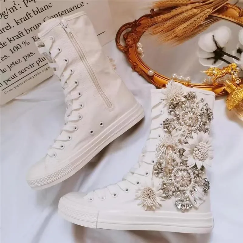 

Original Pearl Flower Water Diamond High Top Canvas Shoes Sweet Lace Up Women Canvas High Top Boots New Vulcanized Shoes Female