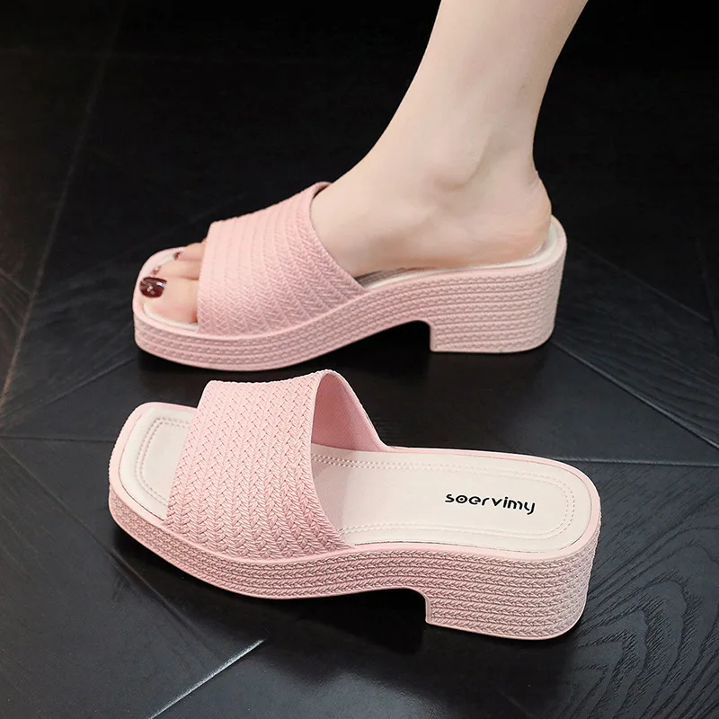 Summer Women Modern Slippers Wedges heels Solid Color PVC Slides Woman Beach Platform Slippers New Square Heel Outside Sandals