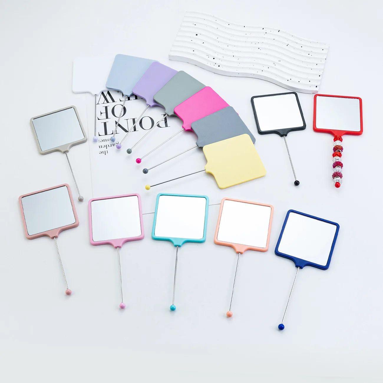 20Pcs Handheld Mirrors Makeup Beaded Mirror Multi-color DIY Pens Square Handle Mirror Portable Single-sided Dressing Pen