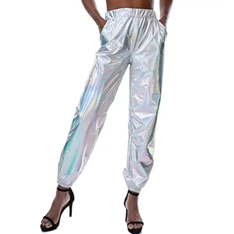 Fenyong Womens Shiny Metallic Broek, Holografische Disco Sweatpant Voor 70S 80S Alien Ruimte Cowgirl Halloween Kostuum Leisure