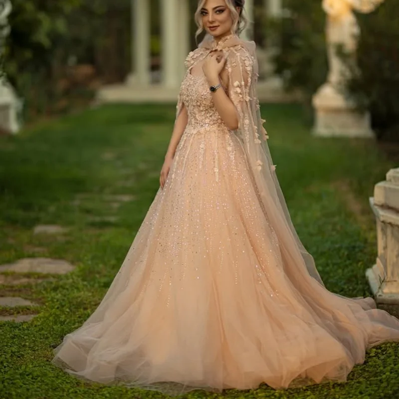 Abito Quinceanera champagne chiaro lucido Decalcomania glitterata Perline in pizzo con spalle scoperte Coda lunga Abiti da 15 Quinceanera ﻿ Personalizza