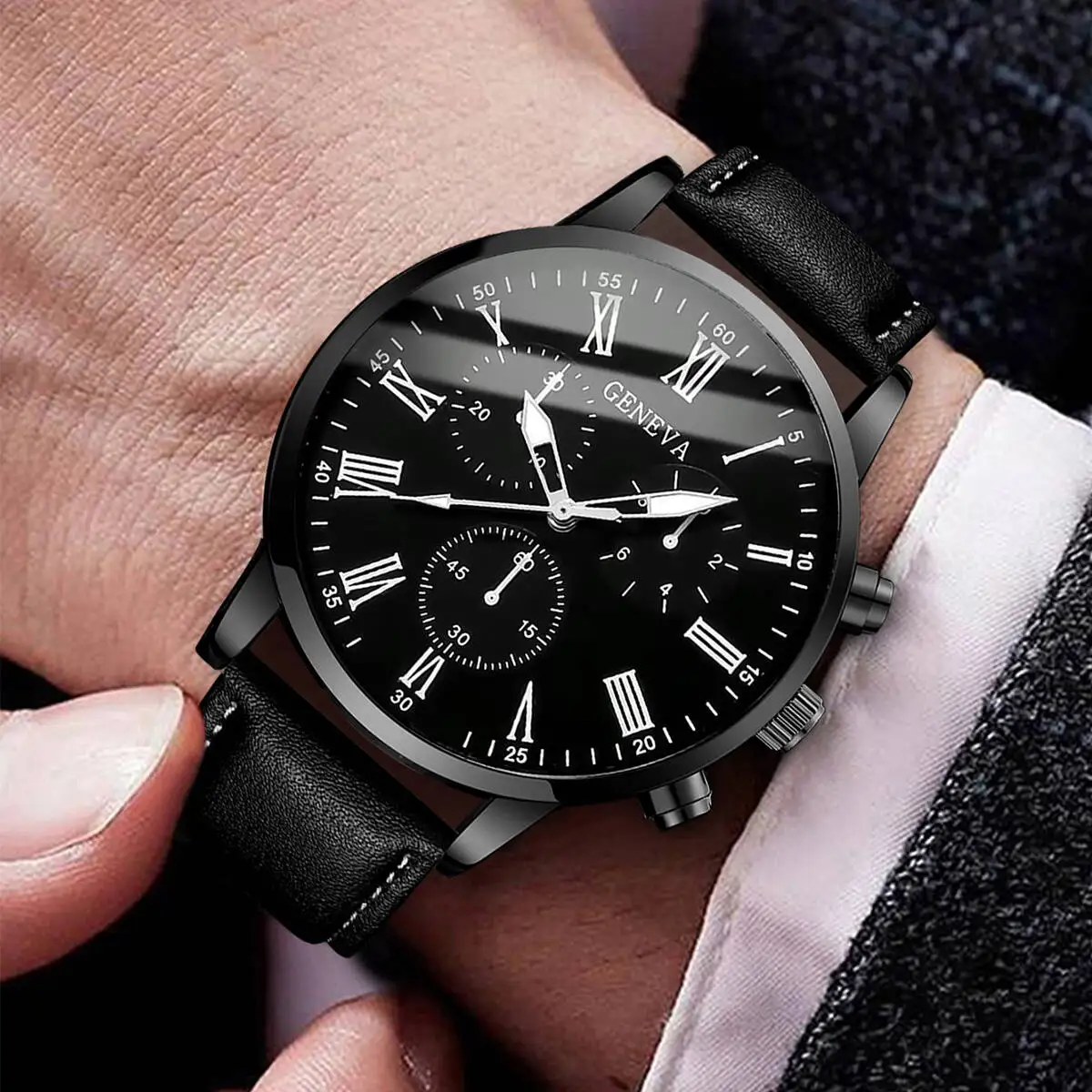 2 قطعة مجموعة ساعات رجال الأعمال الموضة حلقة من جلد ساعة كوارتز للرجال ساعة عادية Relogios Masculino (بدون صندوق)