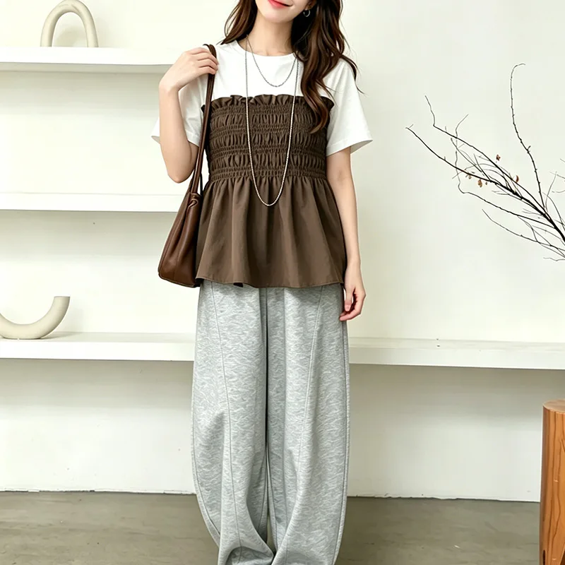 New Japanese Style Women's Short-sleeve Top, Patchwork Base Shirt Short T-shirt Robe Maxi Sexy Vestidos