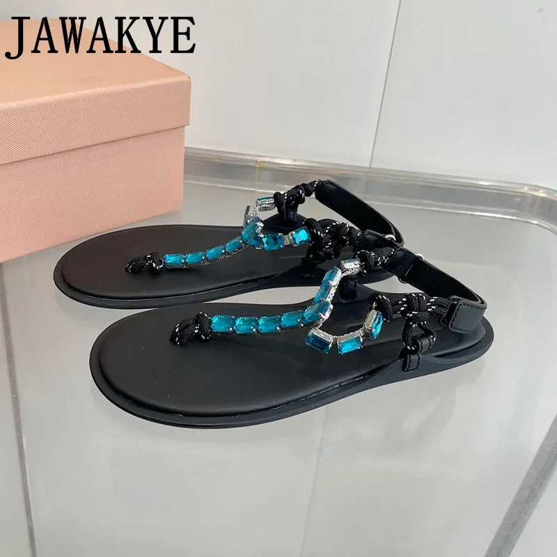 

Женские сандалии-гладиаторы на плоской подошве, кожаные шлепанцы с пряжкой и кристаллами, повседневные, для лета, 2024