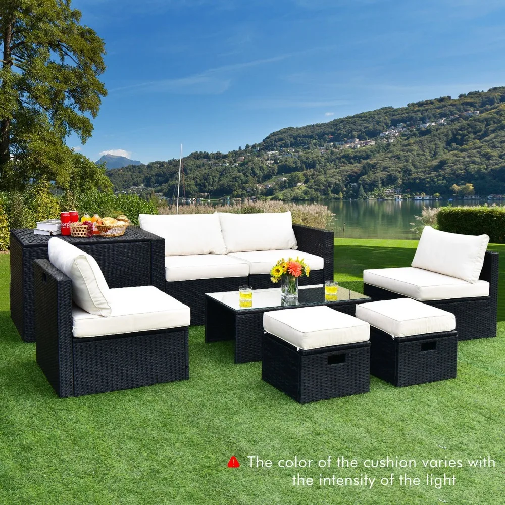 

8PCS Rattan Patio Sectional Furniture Set w/ Waterproof Cover & Off White