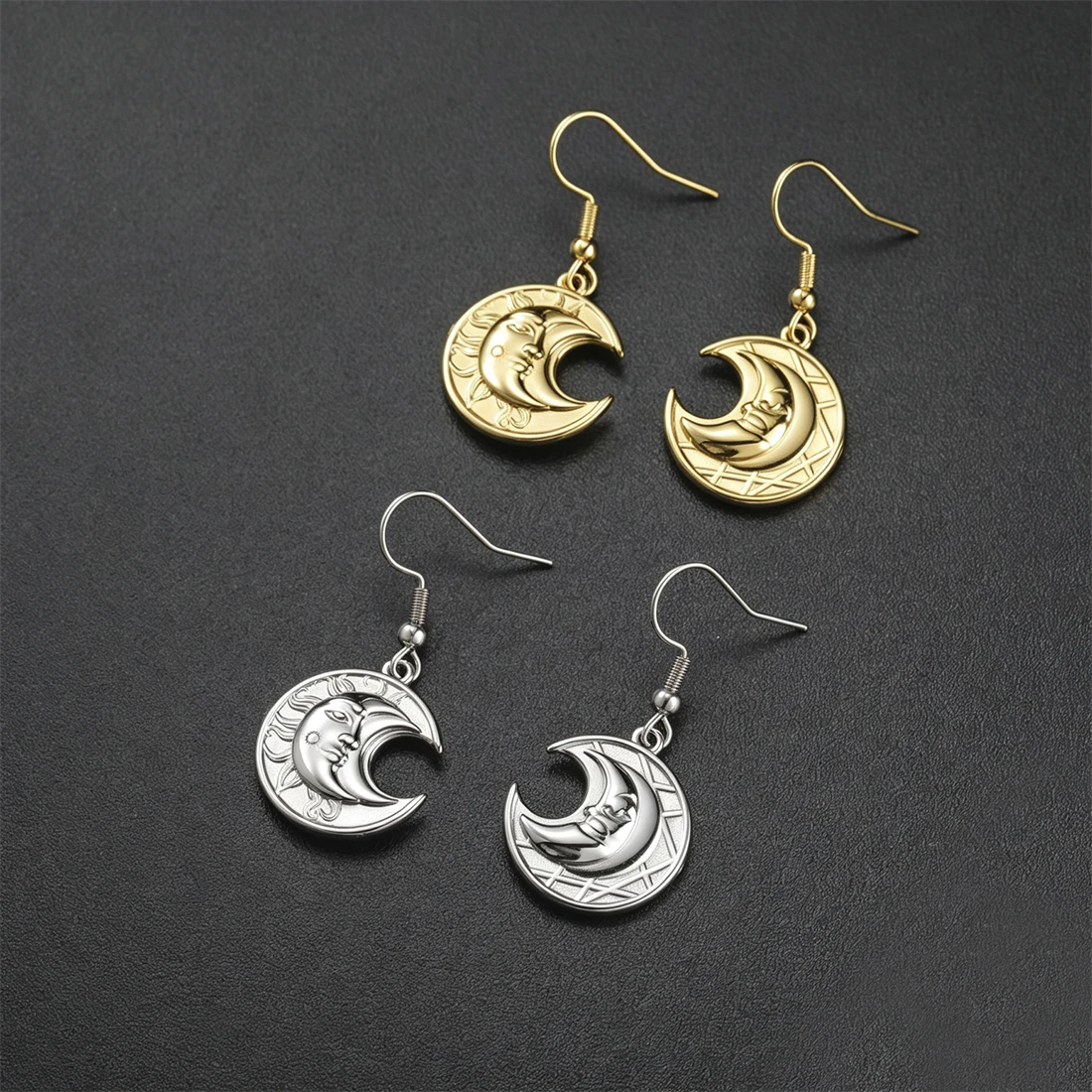 Eueavan Vintage Sonne und Mond Totem Ohrhänger Edelstahl Mode Geometrische Hängeohrringe für Frauen Wicca Schmuck Geschenk – Detail 6