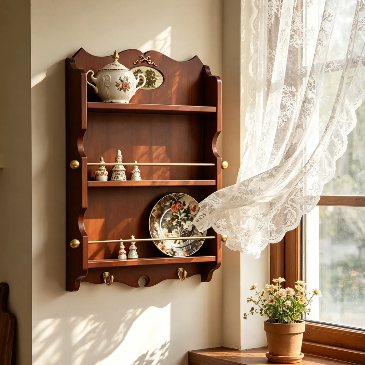 DSA medieval retro multi-functional tray rack storage rack bedroom porch kitchen solid wood brass hook wall cabinet