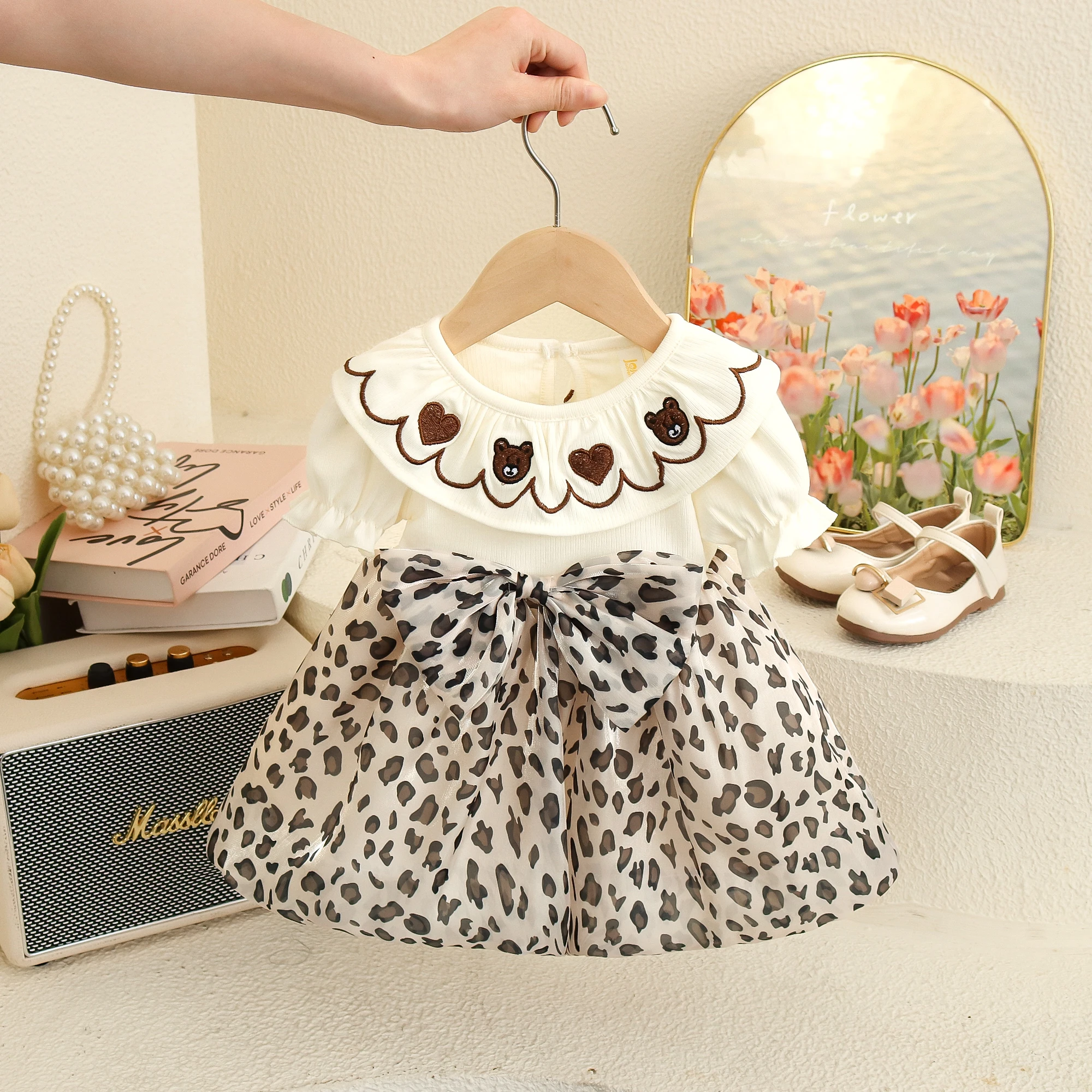

Summer Baby Girl Dresses New Sweet Leopard Print Toddler Dress Cartoon Embroidery Short Sleeves Clothes Girl