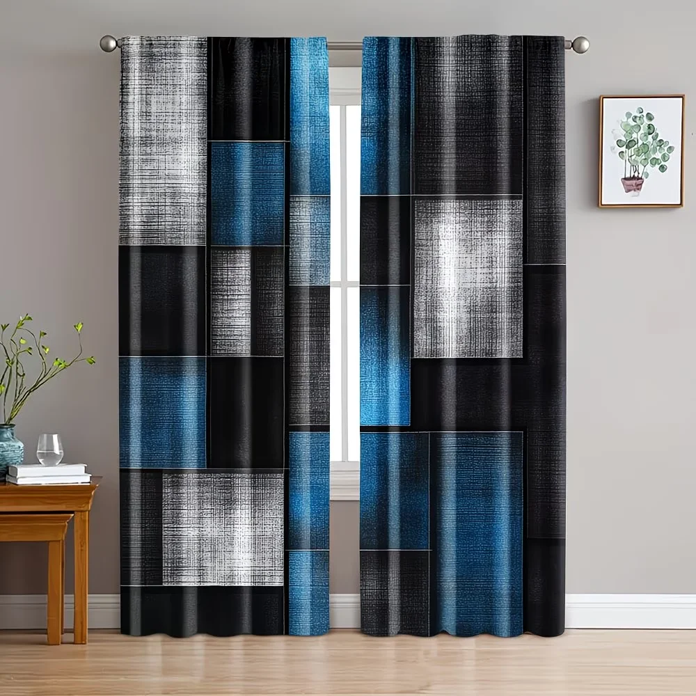 

2pcs Blue and gray geometric shapes print Curtains - Rod Pocket Window Drapes. modern Window Treatments