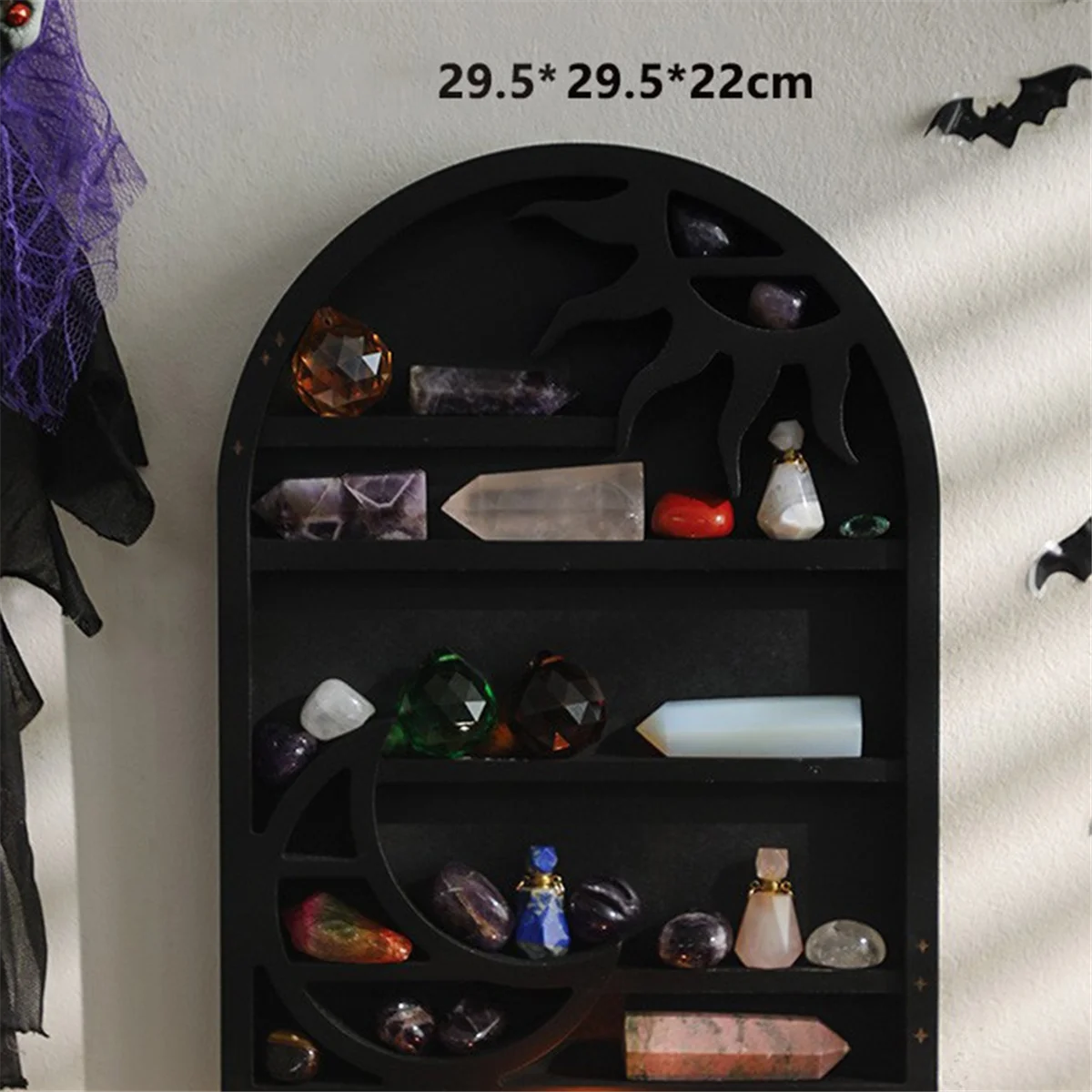 Wood Storage Shelf - Stylish and Practical Wall Shelf, Crescent Sun and Moon Crystal Shelf