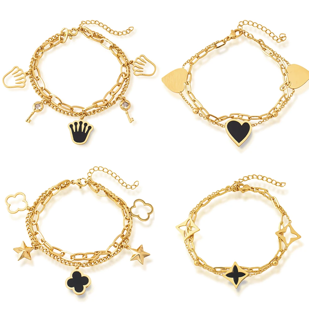 Charm-Armband Dubai Vergoldeter Edelstahl Schwarze Emaille Ineinandergreifende Kette Stern-Motiv Glücksbringer Schmuck-Accessoires 5-teiliges Set – Detail 7