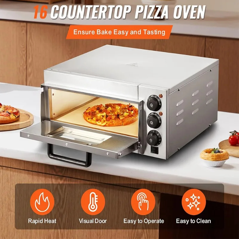 16-Inch Commercial Electric Pizza Oven With Adjustable Temp & Timer, 360° Uniform Baking for Home & Commercial Use