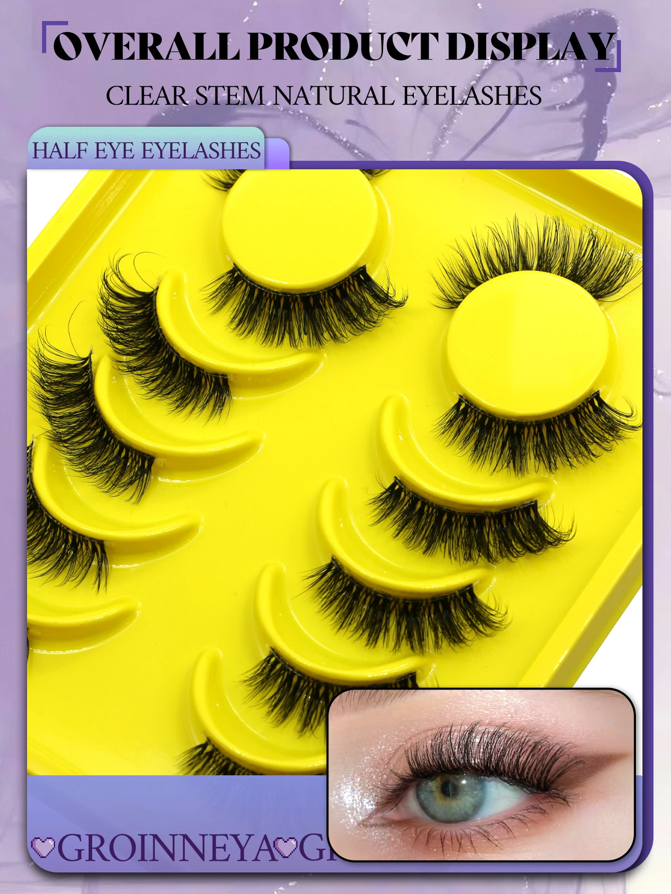 GROINNEYA Half Eey Lashes 6 Pairs Faux Mink Lashes Cat Eye Fluffy Wispy Transparent Stems Reusable False Eyelashes Makeup Tools