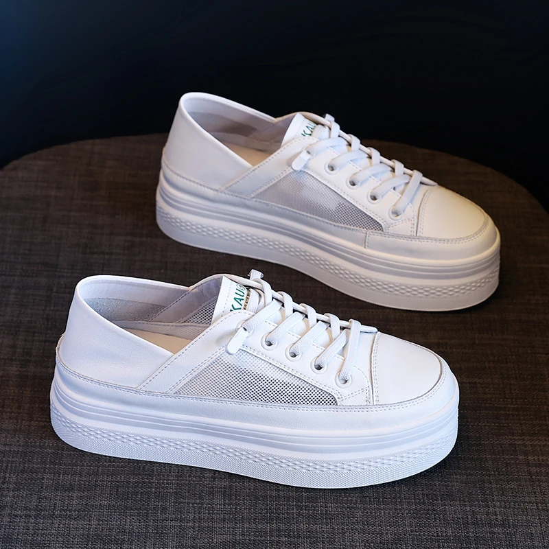 Breathable Mesh Two Ways Wear Platform White Sneakers For Women 2026 New Genuine Leather Foldable Heel Slip On No Tie Lace Thick