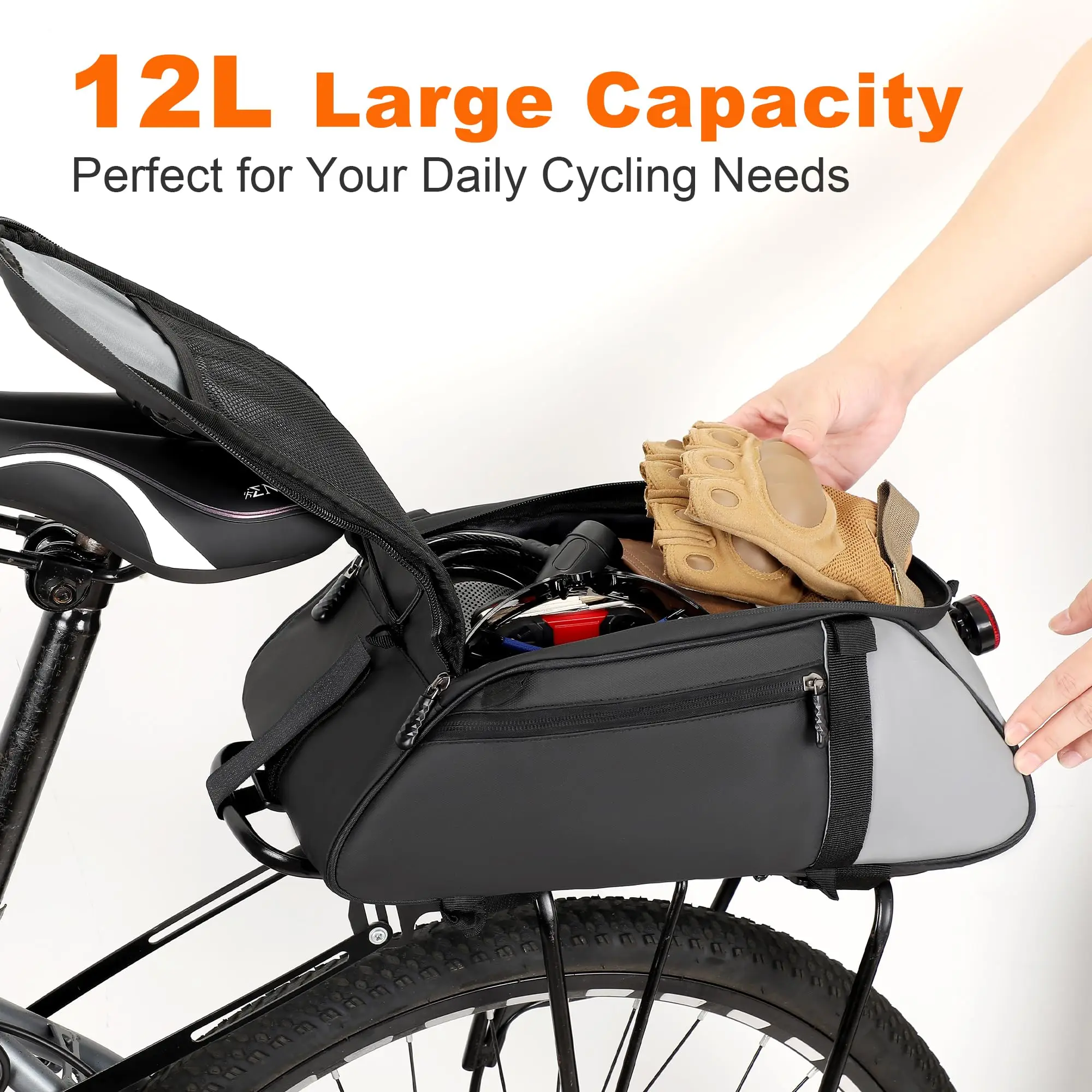 Bike Rack Bag, 12L Waterproof Reflective Ebike Rear Trunk Bag, Cycling Saddle Bag with Shoulder Strap for Commuter Travel Outdoo
