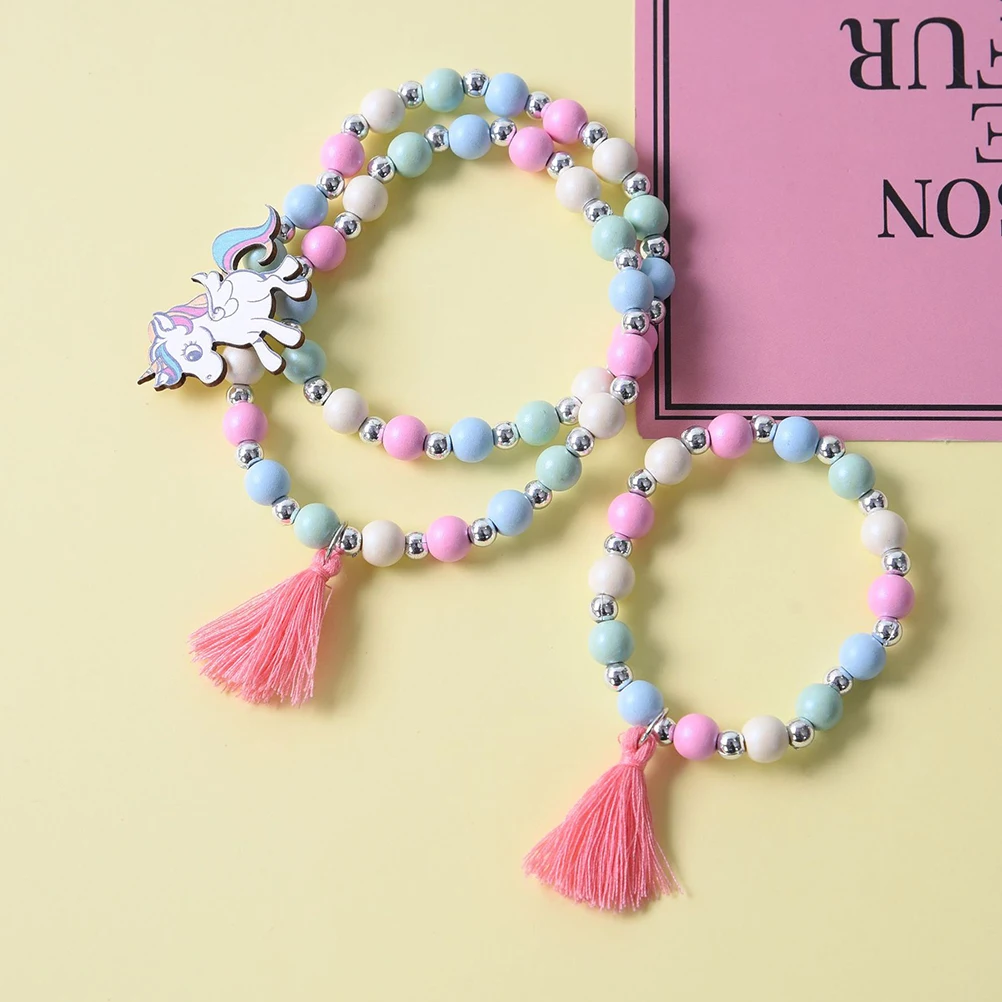 Wooden Children's Necklace Bracelet Little Kids Bead Gifts Beaded Cartoon Unicorn Bracelets Toddler for Girls