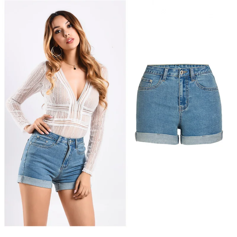 Women's Slim Cuffed Shorts Summer Cuffed High-Waisted Jeans