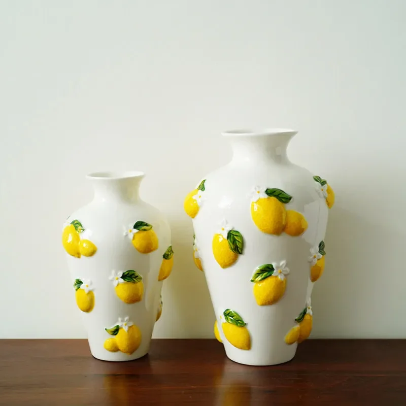 Ceramic Vase Three-dimensional Lemon Relief Sculpture Flower Vase Floral Arrangement Accessories Ceramic Handicrafts Vases