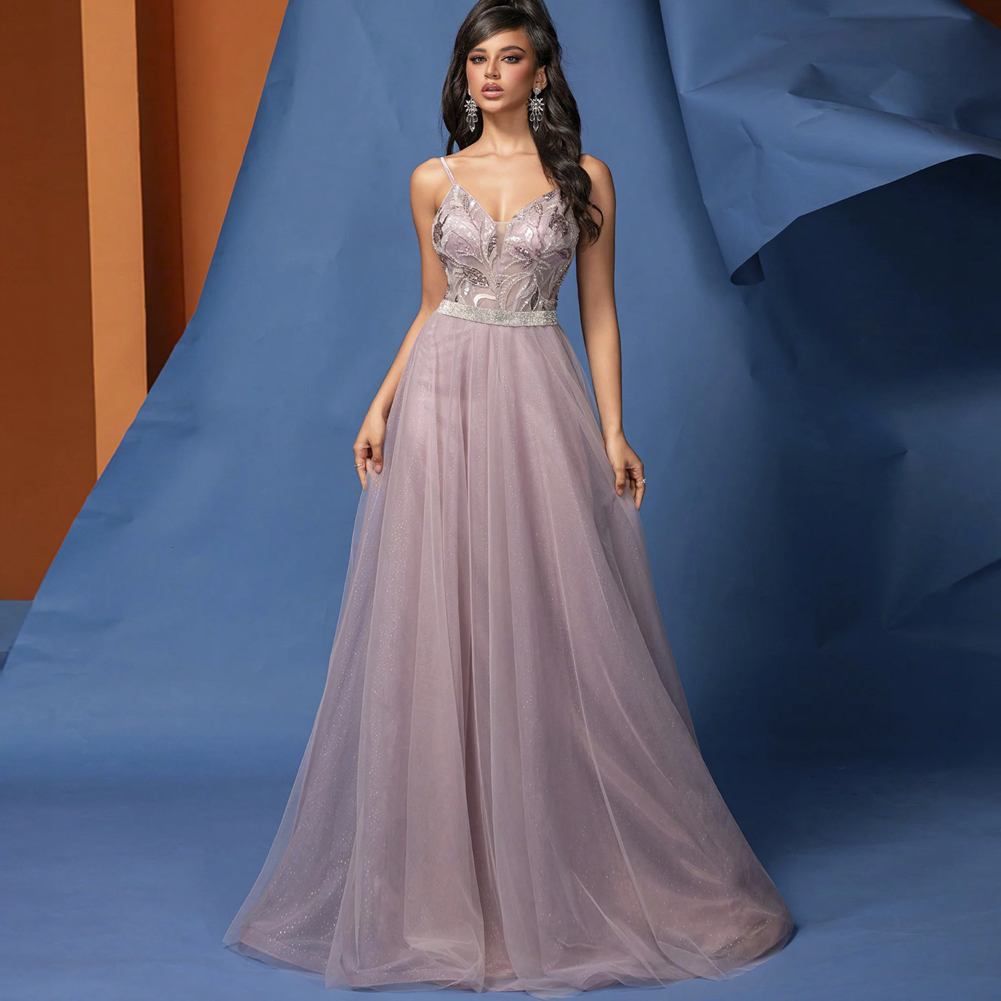 

Rosymae Elegant Long Prom Dress Glitter V Neck Spaghetti Straps A-Line Evening Gown for Women