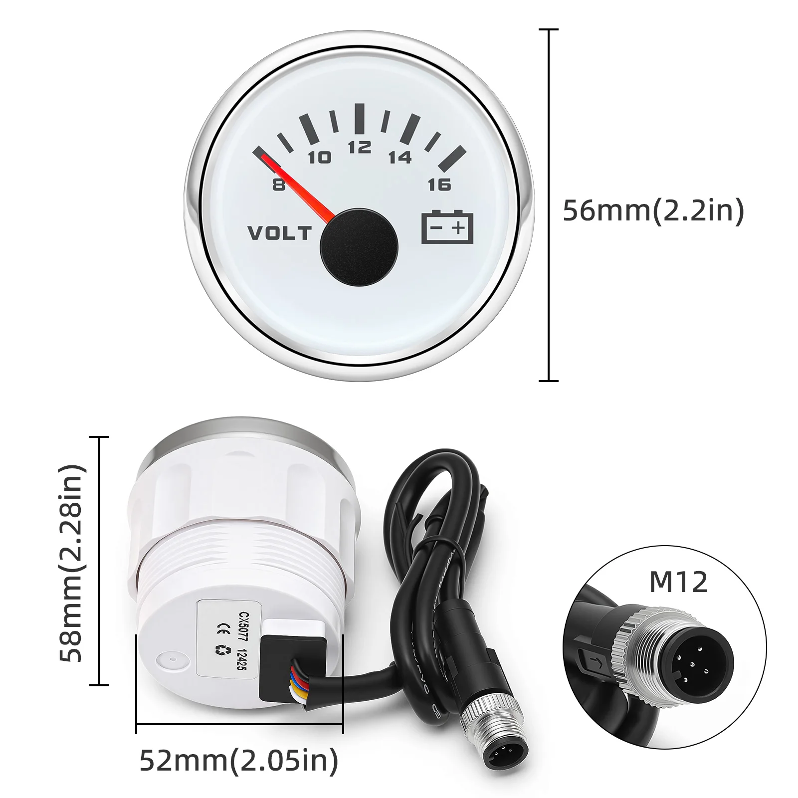 NMEA2000 52mm Car Boat Battery Voltage Gauge 8-16V Marine Voltmeter Voltage Indicator Red Backlight NMEA 2000 Signal Port STBD